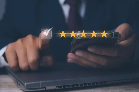 Businessman touching giving high score for feedback review satisfaction service. Customer...