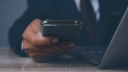 Man hand using mobile smartphone. copy space.