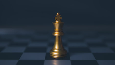 Chess board game, business competitive. Set of golden chess pieces. Leadership, teamwork, partnership, business strategy concept.の写真素材
