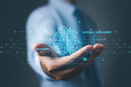 Hand holding brain of AI, Digital technology creative mind idea thinking and brainstorm. AI network of brain on business analysis, innovative and business growth development.の写真素材