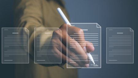 Electronic signature. Businessman uses a pen sign electronic documents on a virtual screen. Online...