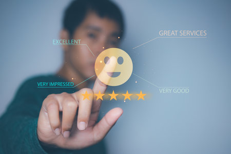 Man giving high score for feedback review satisfaction service. Customer satisfaction experience with five star icon and excellent for feedback review satisfaction service.の写真素材