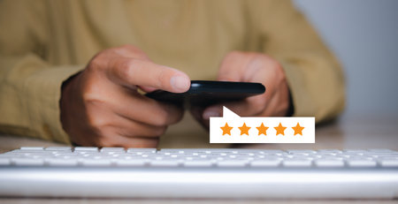 Businessman touching giving high score for feedback review satisfaction service. Customer...