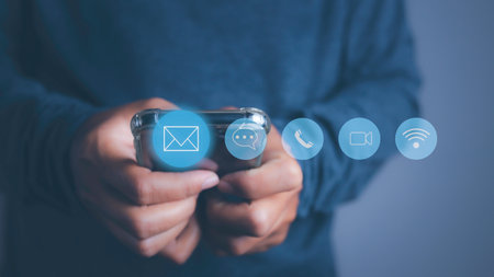 CONTACT US, Businessman using mobile smartphone support hotline people connect with contact icons...