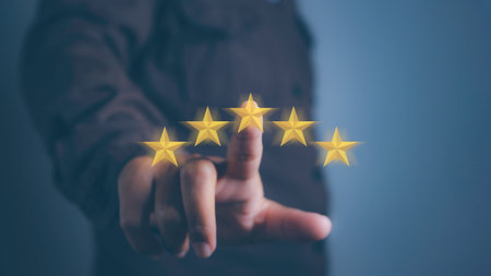 Businessman touching giving high score for feedback review satisfaction service. Customer...