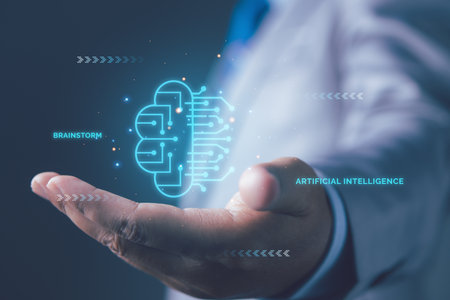 Hand holding brain of AI, Digital technology creative mind idea thinking and brainstorm. AI network of brain on business analysis, innovative and business growth development.の写真素材