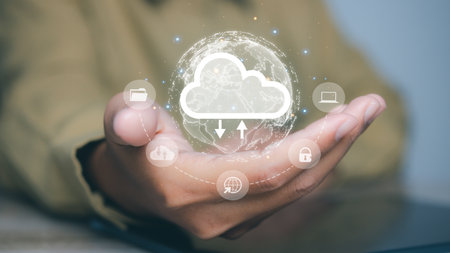 Businessman hand holding access cloud computing technology. Data storage security online in Networking and internet service. Connect devices to cloud. Cloud computing concept.の写真素材