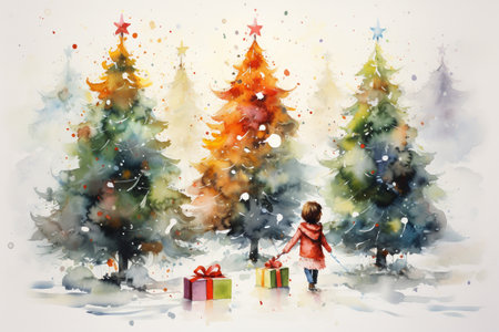Watercolour of merry christmas, Christmas tree decoration.の素材