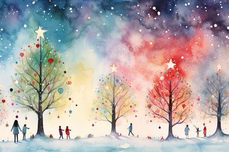 Watercolour of merry christmas, Christmas tree decoration.の素材