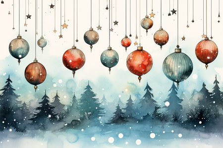 watercolour christmas decoration ornament, merry christmas and happy new year.の素材
