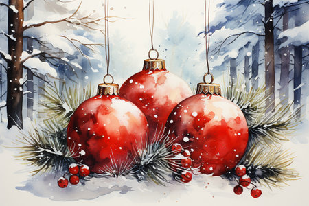 watercolour christmas decoration ornament, merry christmas and happy new year.の素材