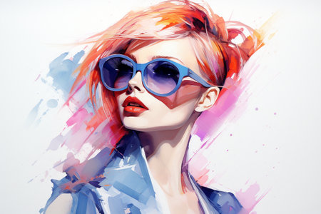 watercolor painting of portrait beautiful girl with a fashion style street art background.の素材