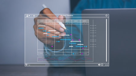 Businessman using computer access action Plan business strategy on virtual screen. Process objectives, innovation operations Management, Connections between business intelligence concept.の写真素材