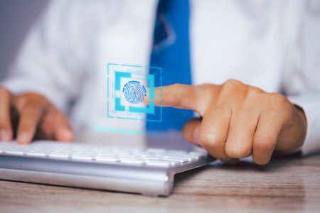 Businessman access scan fingerprint biometric identity and approval. Secure access granted by valid fingerprint scan, cyber security on internet. cybernetic business concept.の写真素材