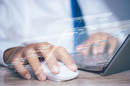 Businessman is access action Plan business strategy on virtual screen. Process objectives, innovation operations Management, Connections between business intelligence concept.の写真素材