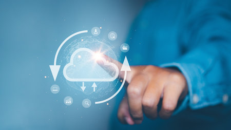 Businessman access cloud computing technology. Data storage security online in Networking and...