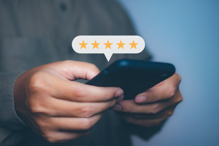 Businessman touching giving high score for feedback review satisfaction service. Customer...