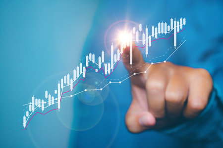 Businessman touching forex trading graph financial data. Goal business success strategy chart target and planning. Stock market, financial graph growth report, business development.の写真素材