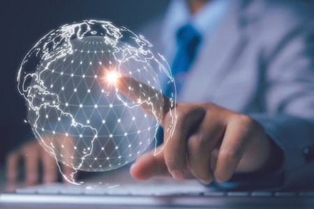 Businessman access virtual world network connection. Data analytics and business intelligence. Digital link technology information and transformation concept.の写真素材