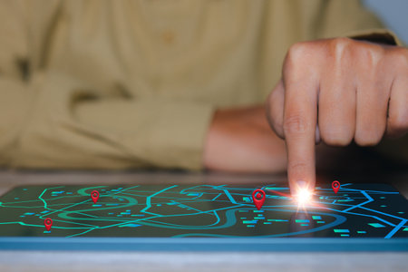 Location point, icon maps and find places in the online system, Businessman searching information...