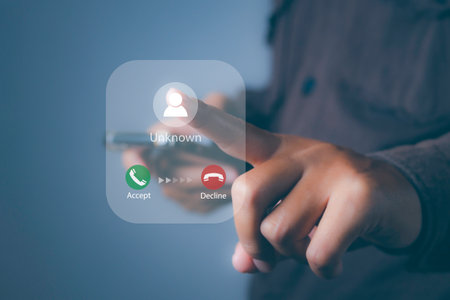 Businessman Answering the Unknown Caller on a Mobile Smartphone. Incoming Call from an Unknown Number. Business connection concept.の写真素材
