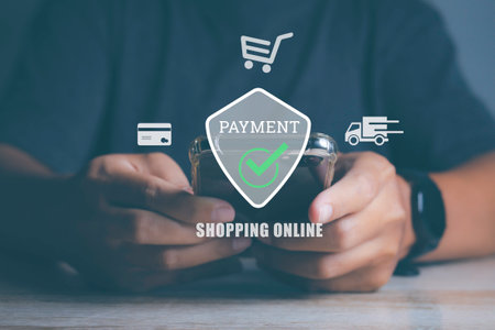 Businessman using mobile smartphone online payment shopping. Technology online banking applications via internet network. Digital online payment concept.の写真素材