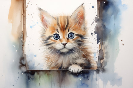 Watercolor paint cute cat. Happy cat.の素材