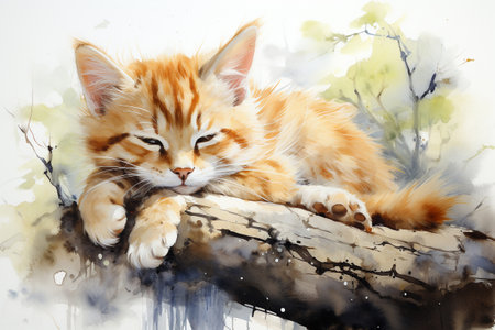 Watercolor paint cute cat. Happy cat sleeping.の素材