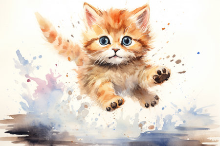 Watercolor paint cute cat. Happy cat.の素材