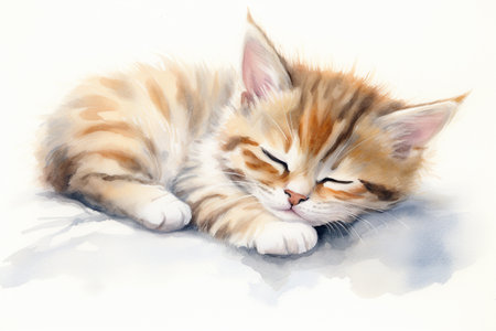 Watercolor paint cute cat. Happy cat sleeping.の素材