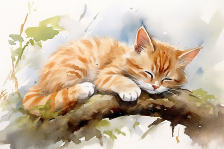 Watercolor paint cute cat. Happy cat sleeping.の素材