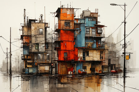 Watercolor sketching of urban on old paper.の素材