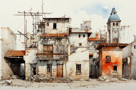 Watercolor sketching of urban on old paper.の素材