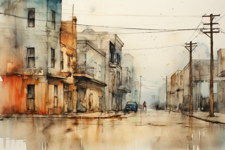 Watercolor sketching of urban on old paper.の素材