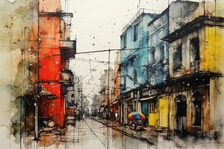 Watercolor sketching of urban on old paper.の素材