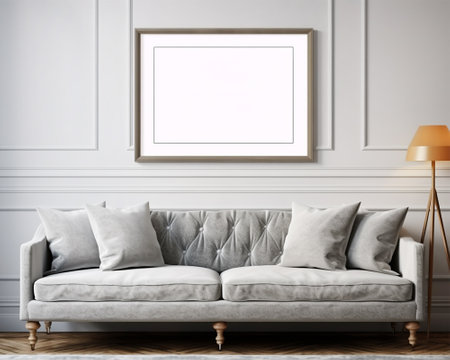 Blank picture frame mockup in modern living room interior.の素材