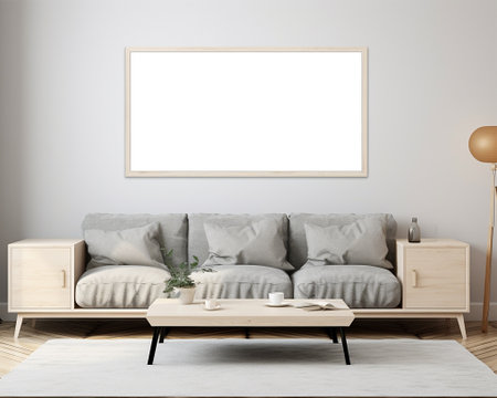 Blank picture frame mockup in modern living room interior.の素材
