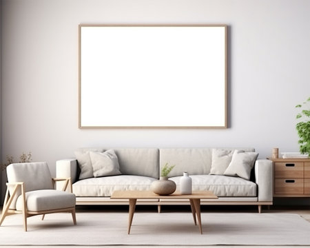 Blank picture frame mockup in modern living room interior.の素材