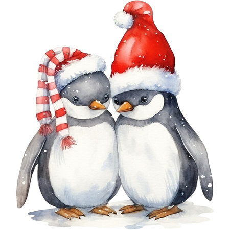 watercolour couple penguin with christmas festiveの素材