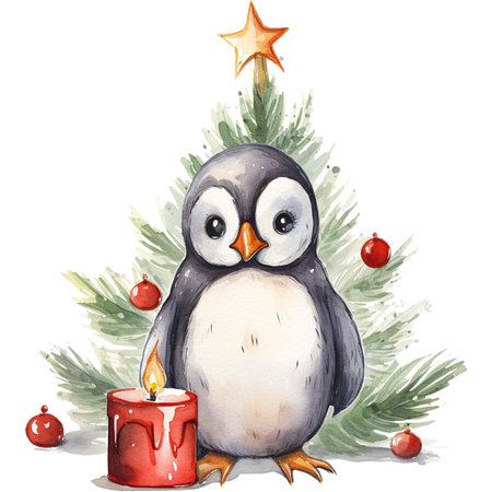 watercolour penguin with christmas festiveの素材