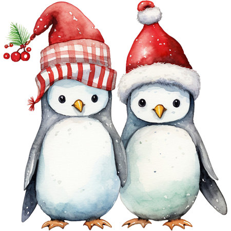 watercolour couple penguin with christmas festiveの素材