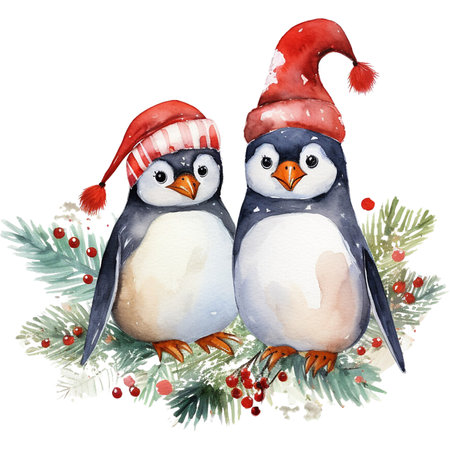 watercolour couple penguin with christmas festiveの素材