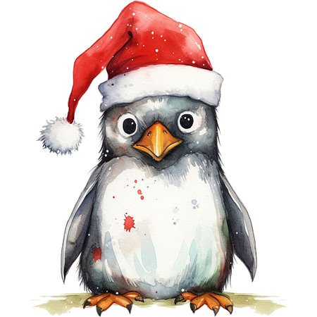 watercolour penguin with christmas festiveの素材