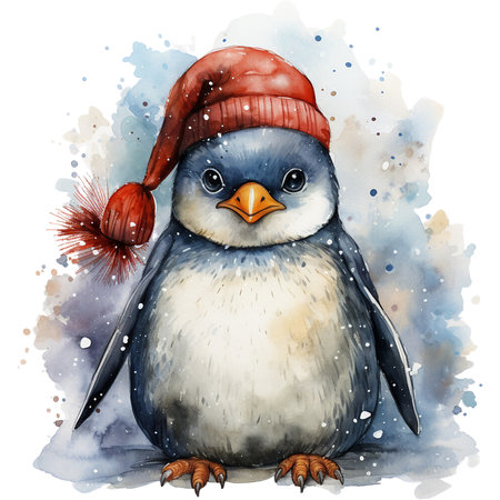 watercolour penguin with christmas festiveの素材