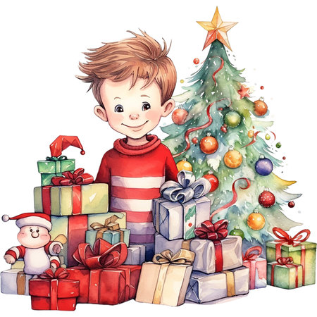 Watercolor Christmas Little Boy Celebration Happy Holiday.の素材