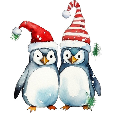 watercolour couple penguin with christmas festiveの素材