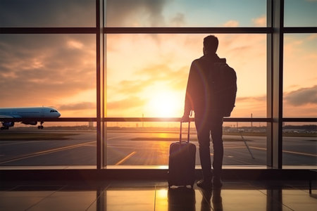 Silhouette man standing in International airport terminal.の素材