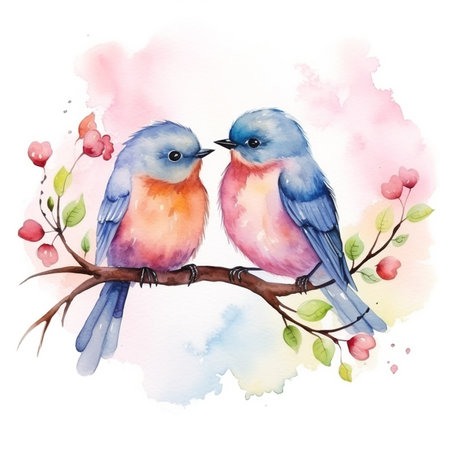 watercolor of couple bird romantic in valentineの素材