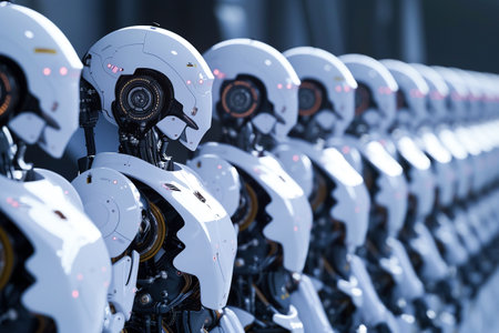 Row of army robot, Cyborg of the future, Artificial intelligence concept.の素材