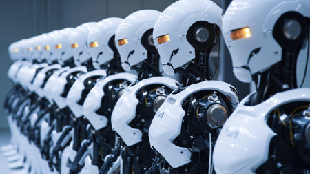 Row of army robot, Cyborg of the future, Artificial intelligence concept.の素材